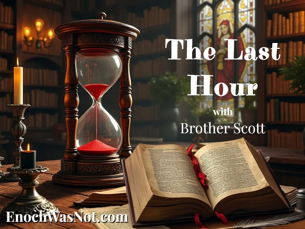 Hour glass with red sand is almost drained. On the desk, beside the timepiece, is an open Bible to some End Times prophecy.